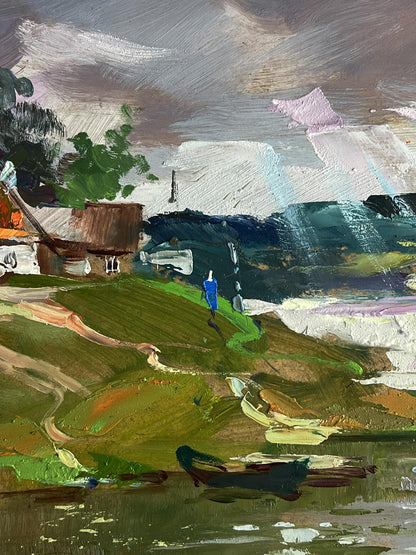 Vibrant impressionistic oil painting of lone blue figure by river near village by Yuriy Suprunchuk