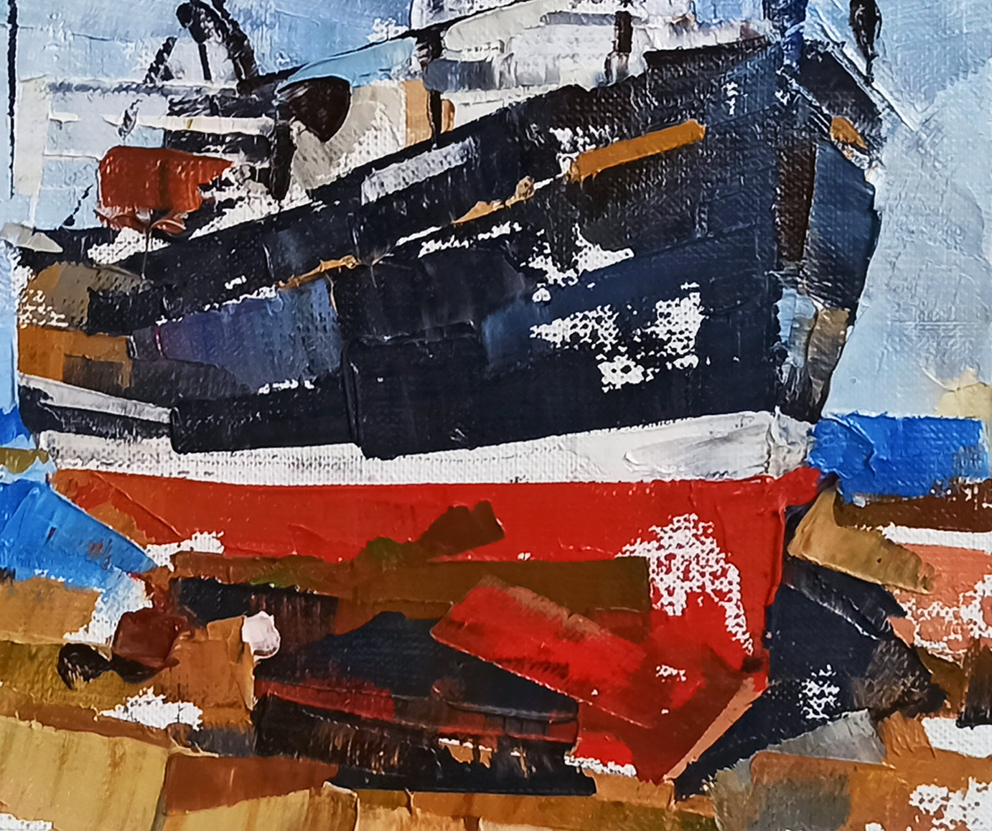 Oil painting Ship in port by Volodymyr Gluhomanyuk, textured abstract ship