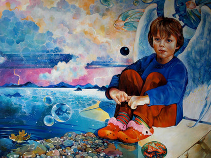 Oil painting Dreamer by Konsta G. Amelinn: child on pebble beach