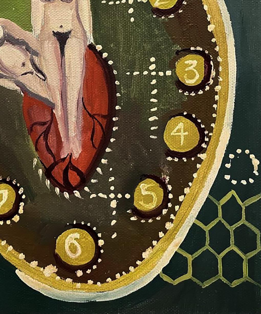 Oil painting of clock face by Eduard Emelyantsev, dark green background