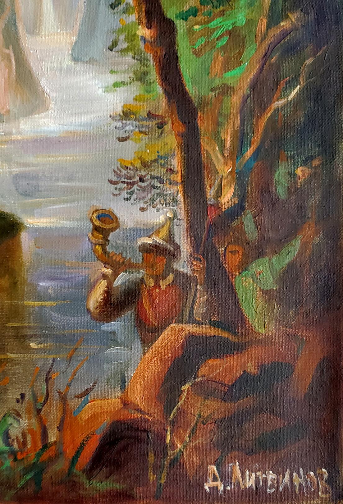 Oil painting Hunting in Ancient China by Daniil Litvinov: man with horn by river