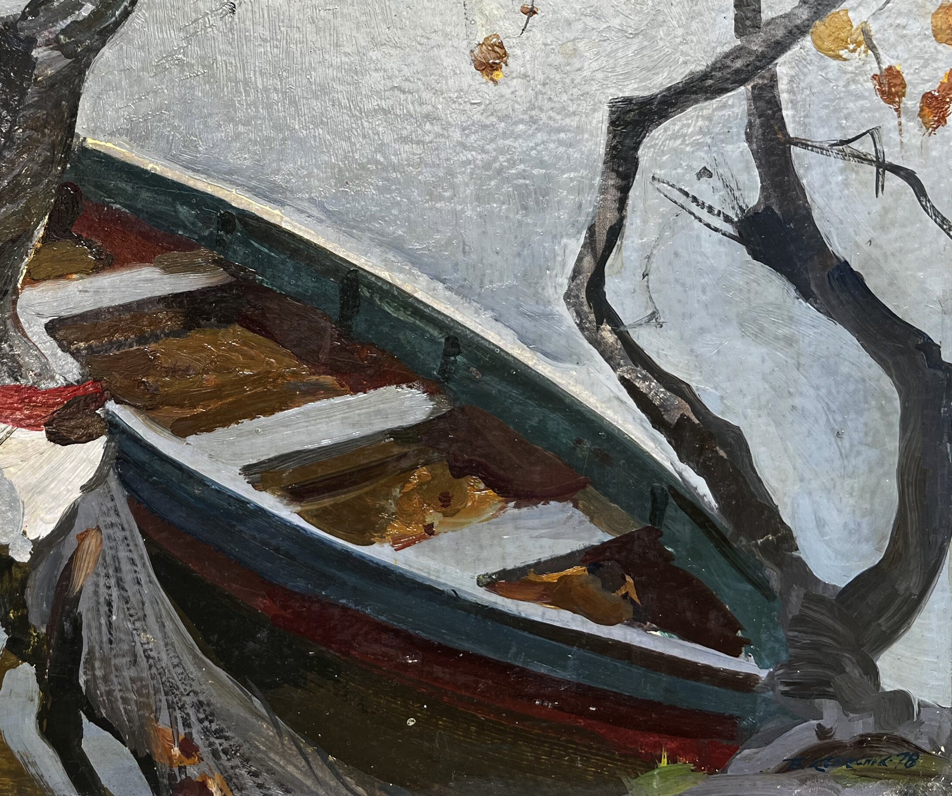 Oil painting Silence by Boris Kolesnik: weathered rowboat with teal hull