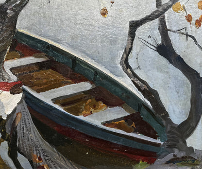Oil painting Silence by Boris Kolesnik: weathered rowboat with teal hull