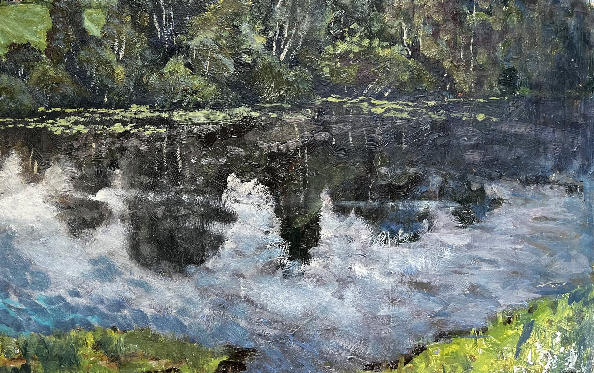 Textured oil painting overlay of turbulent river and forest on summer day