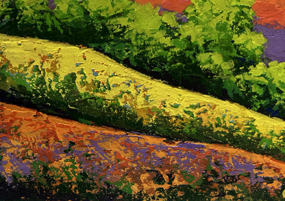 Vibrant oil painting of sunset shades in green, yellow, orange, purple by V. Zadorozhnya