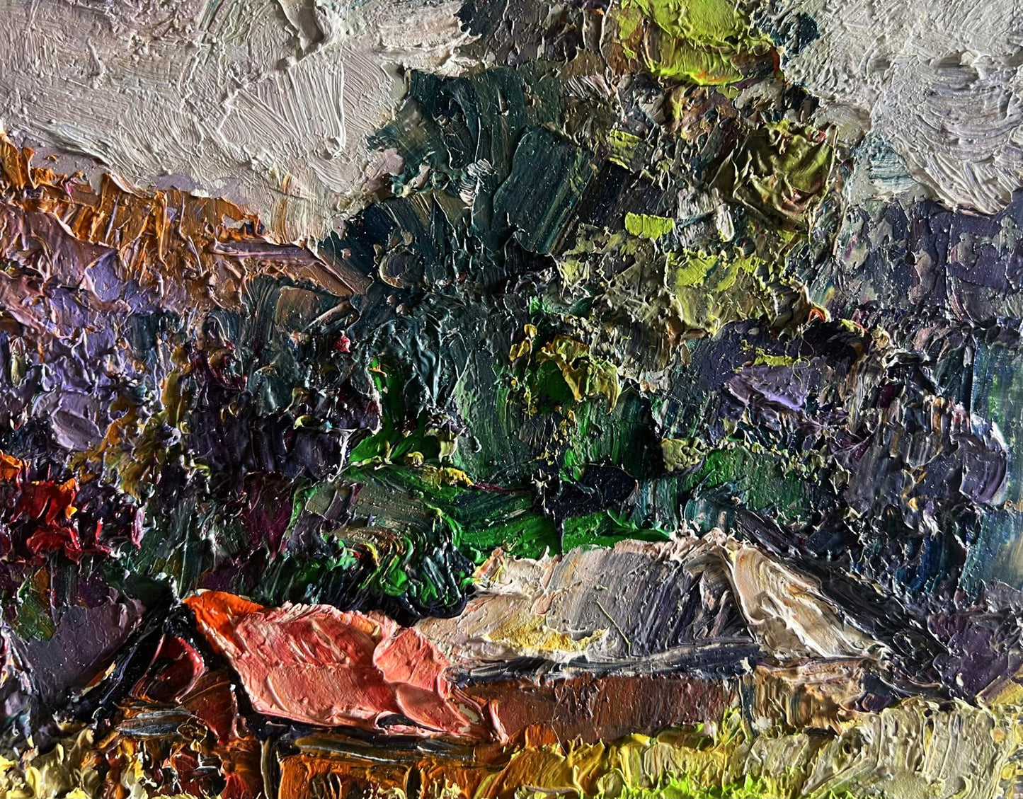 Oil painting Autumn in the mountains by Boris Serdyuk, vibrant impasto textures