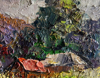 Oil painting Autumn in the mountains by Boris Serdyuk, vibrant impasto textures