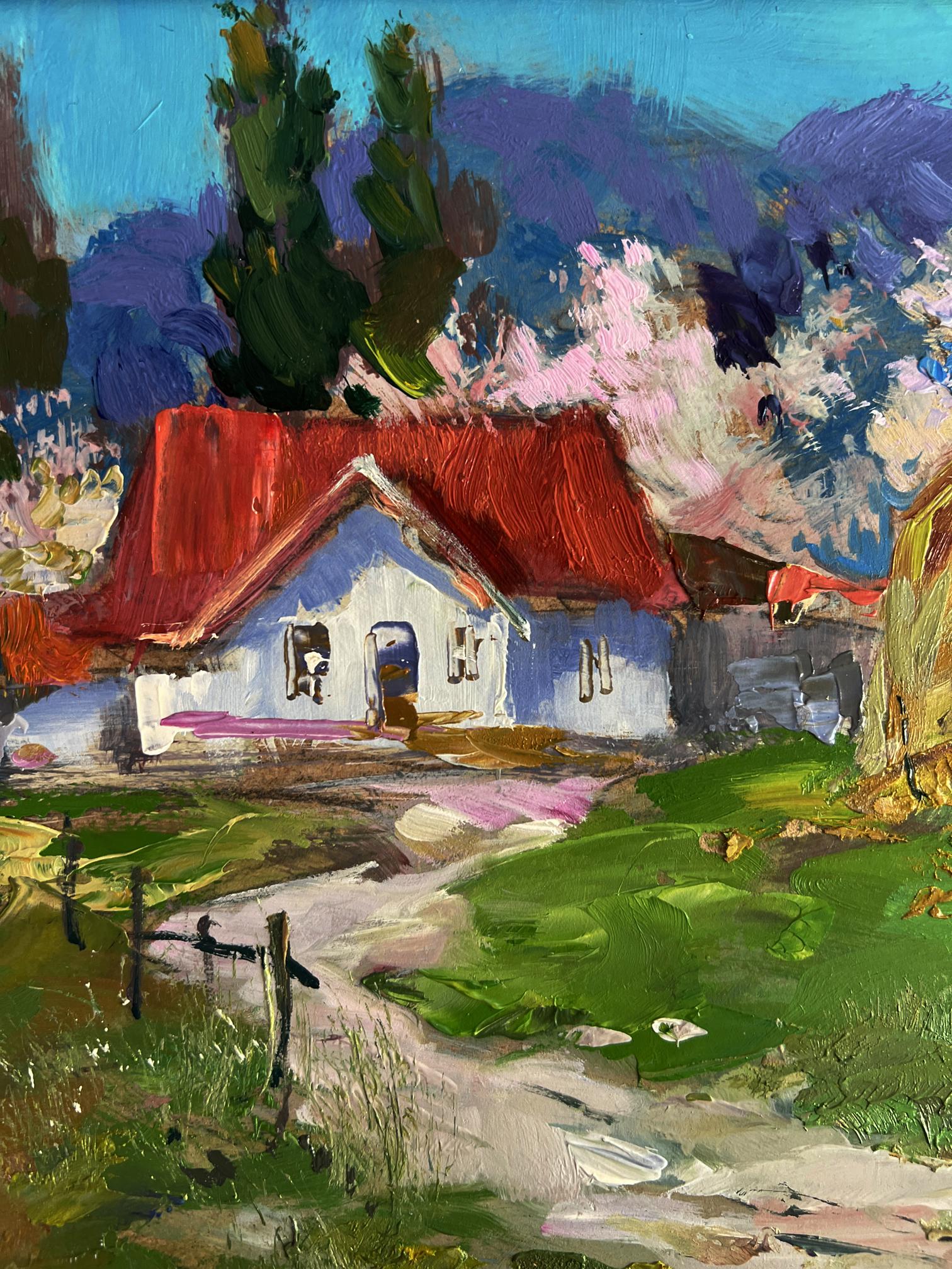 Oil painting by Yuriy Suprunchuk: white house with red roof in lush greenery