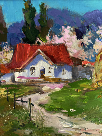 Oil painting by Yuriy Suprunchuk: white house with red roof in lush greenery
