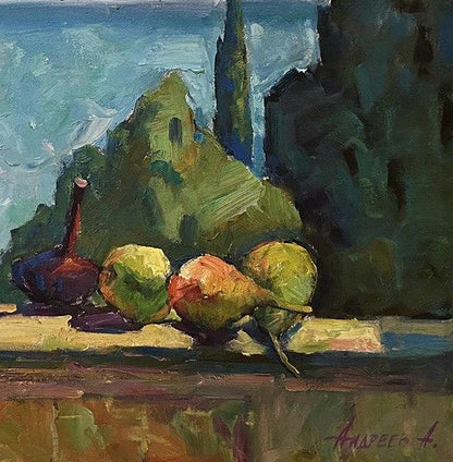 Oil painting still life with onions by Oleksandr Andreev: dark blue vase and pears