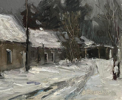 Oil painting White Carpet by Volodymyr Pashchenko: snowy village scene