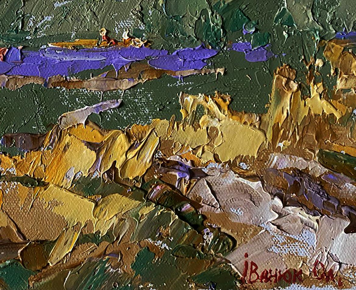 Impasto oil painting by Oleksiy Ivanyuk: green, gold, purple river landscape with boat