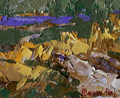 Impasto oil painting by Oleksiy Ivanyuk: green, gold, purple river landscape with boat