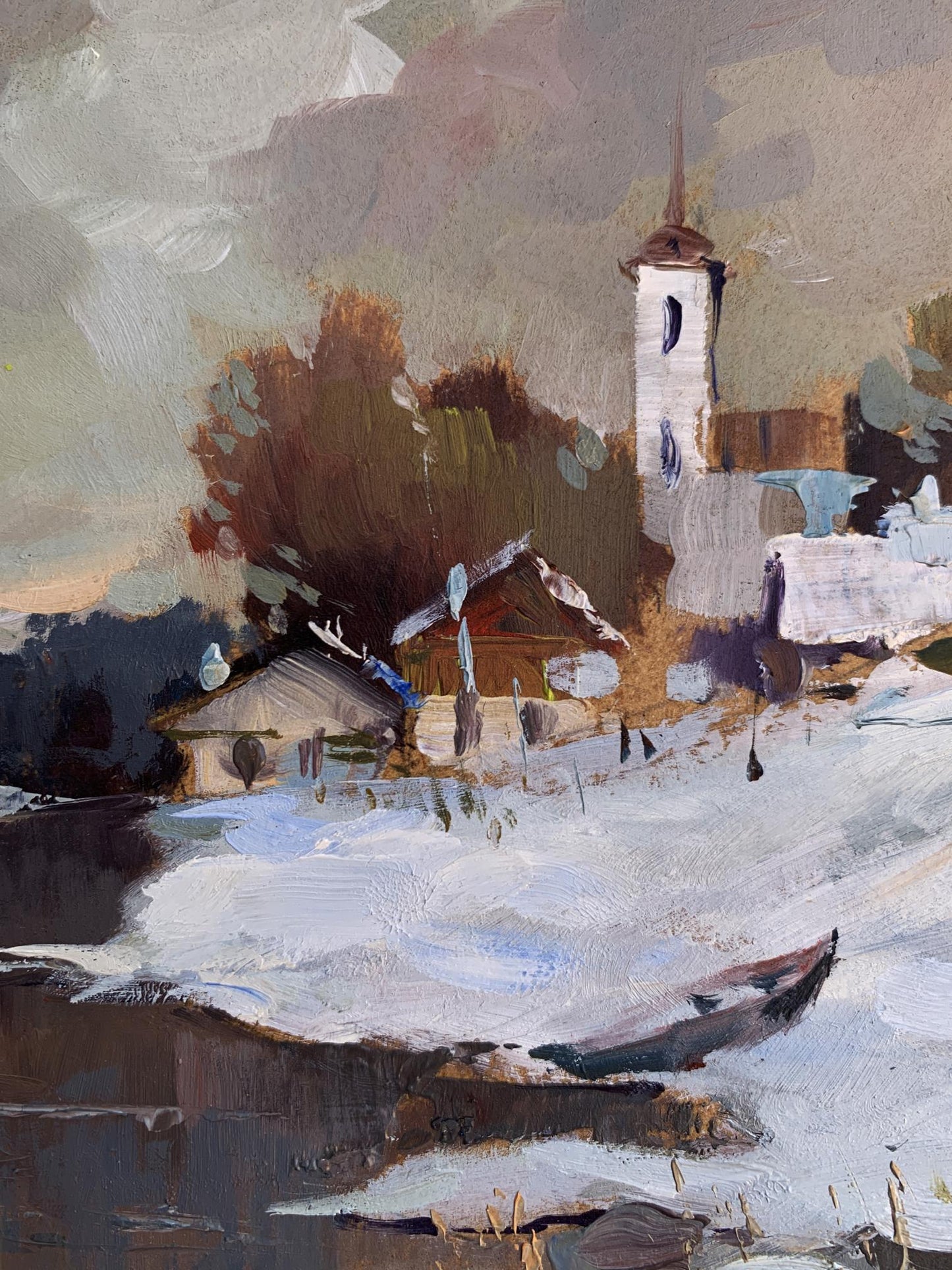 Oil painting Winter evening by Yuriy Suprunchuk: snowy village with church tower