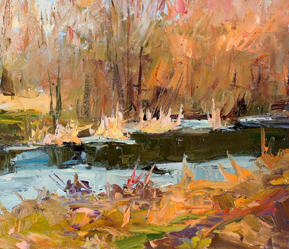 Impressionistic oil painting The first ice by Boris Serdyuk, autumn landscape
