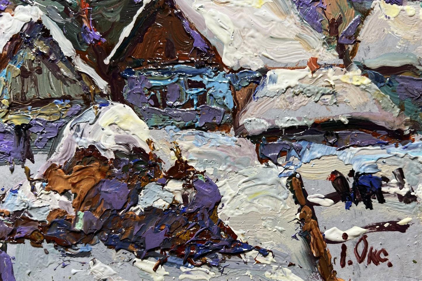 Textured impasto oil painting of snowy yard by Oksana Ivanyuk