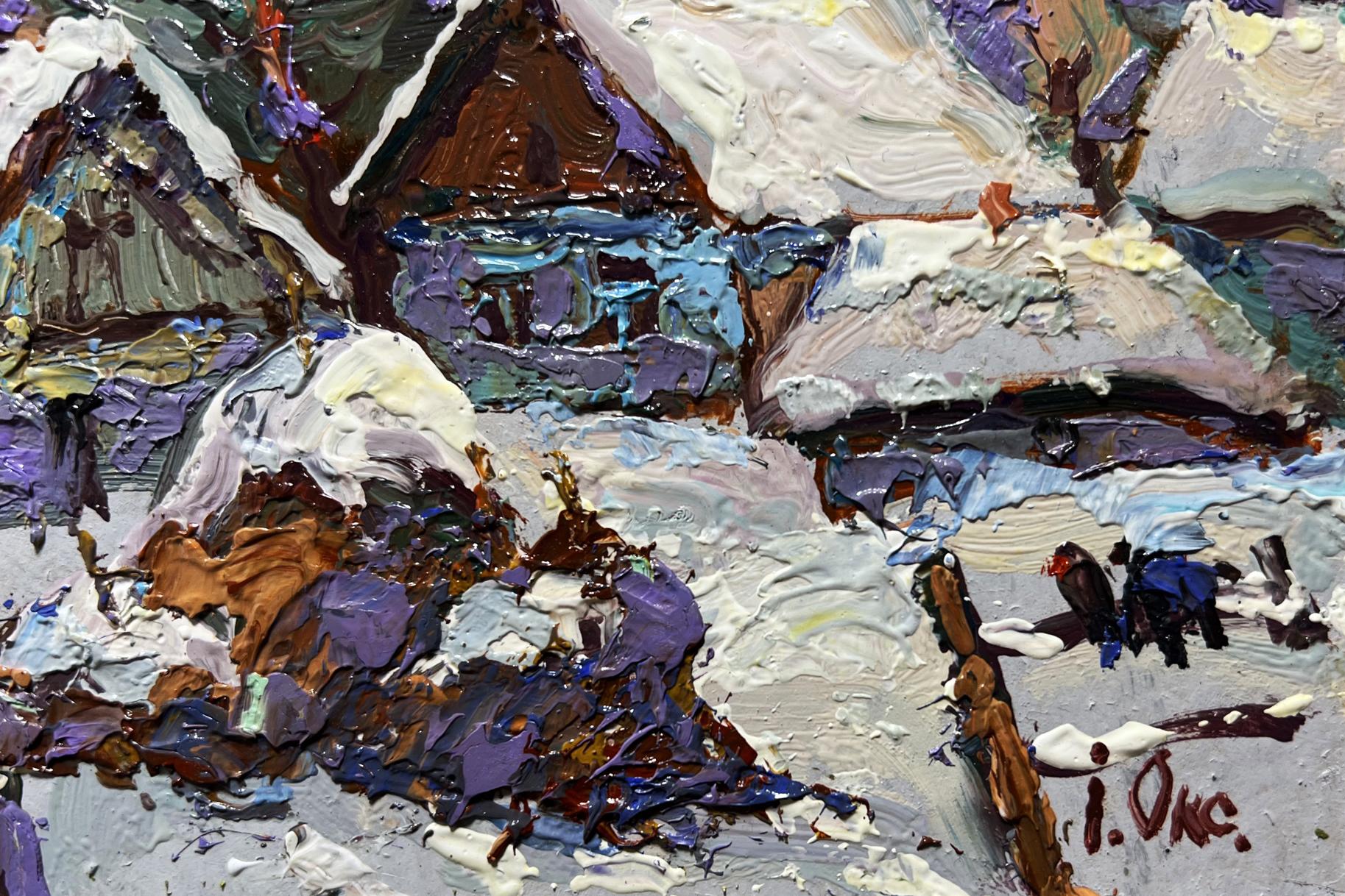 Textured impasto oil painting of snowy yard by Oksana Ivanyuk