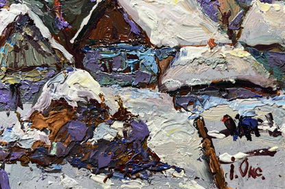 Textured impasto oil painting of snowy yard by Oksana Ivanyuk