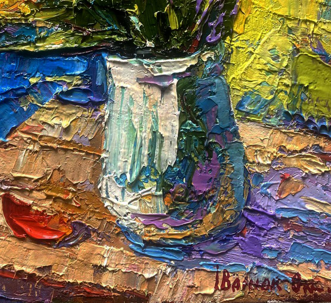 Oil painting of tulips in white vase with green blue accents by Oksana Ivanyuk