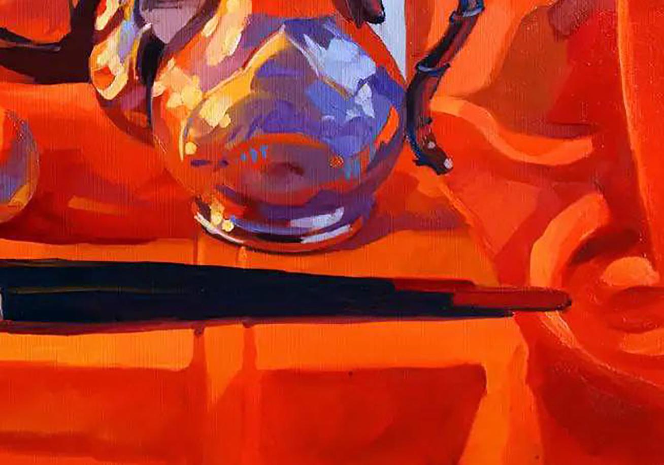 Oil painting Warm Anastasia Yaroshevich: translucent glass pitcher on orange surface