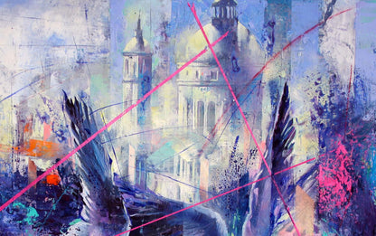 Oil painting Blue wind by Alexander Dobrodiy: abstract blue purple cityscape with pink lines