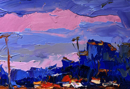 Oil painting by Oksana Ivanyuk: vibrant pink sunset landscape