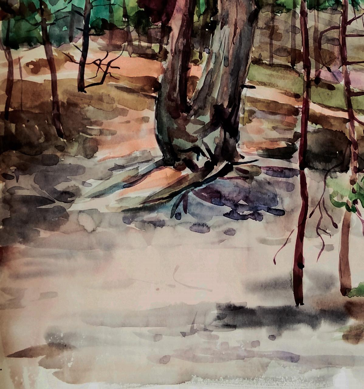 Watercolor forest painting by Vitaly Duhnevich with tall textured trees