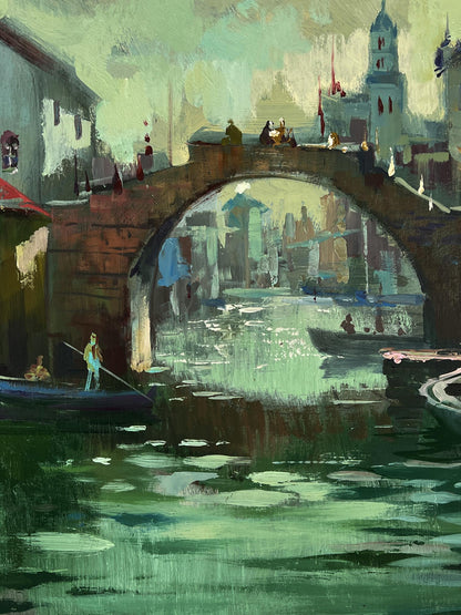Oil painting of Venice canal stone arch bridge by Yuriy Suprunchuk