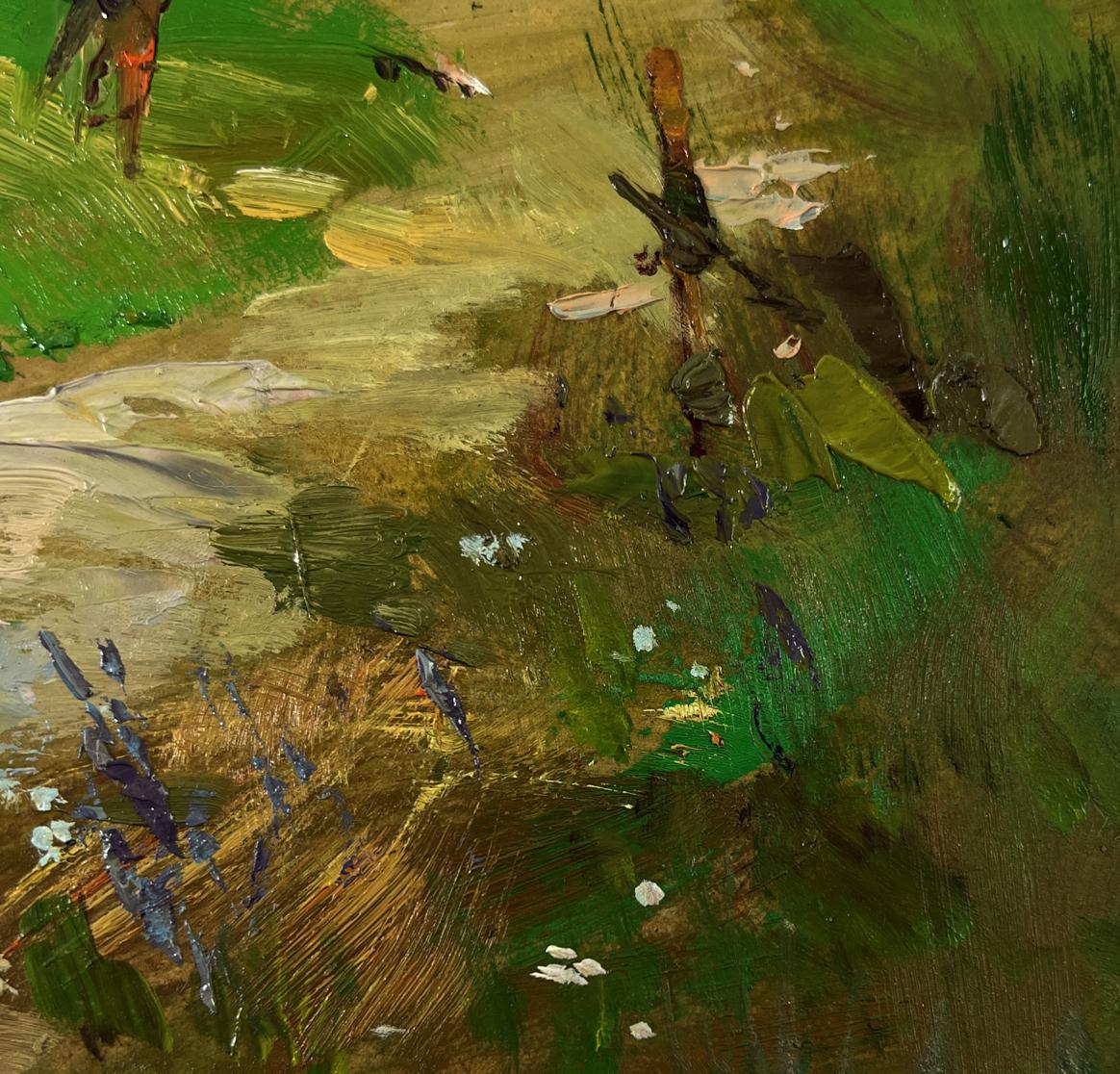 Textured impressionist oil painting of grassy field and house on mountains by Yuriy Suprunchuk