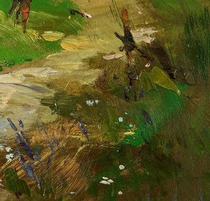 Textured impressionist oil painting of grassy field and house on mountains by Yuriy Suprunchuk