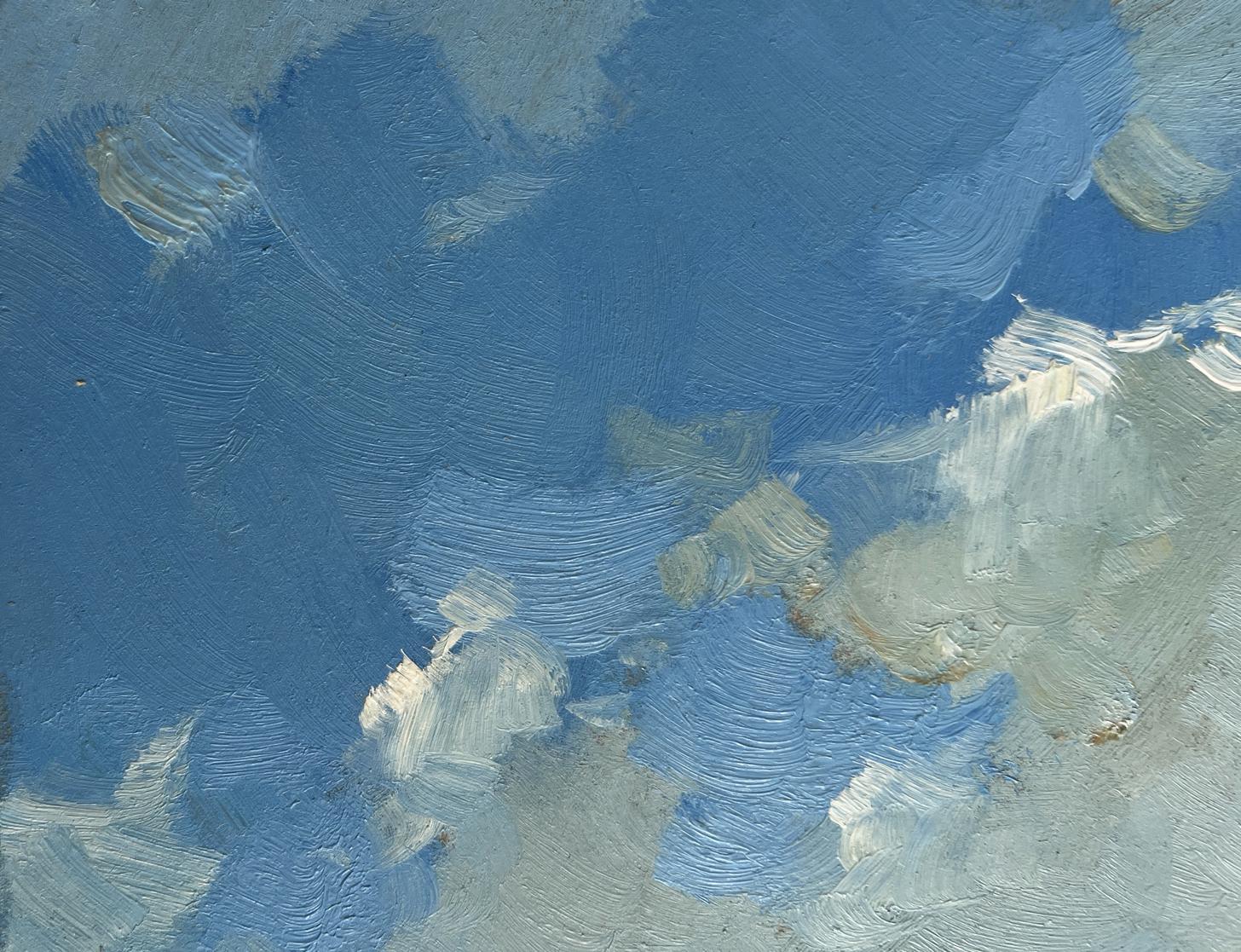 Oil painting of sunflowers reaching for textured blue sky with clouds by Yuriy Suprunchuk