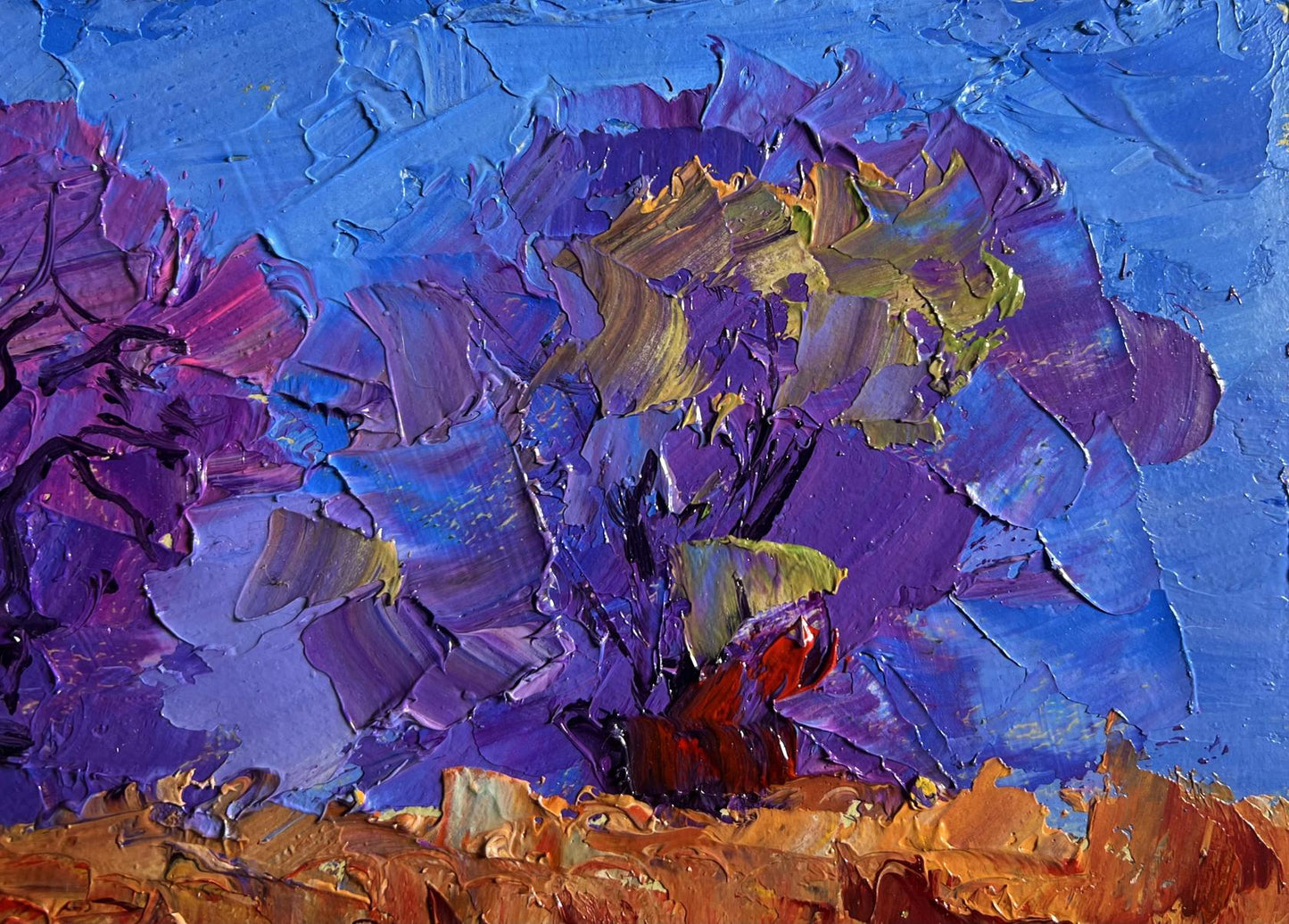 Vibrant purple blue impressionist oil painting September day in field by Boris Serdyuk