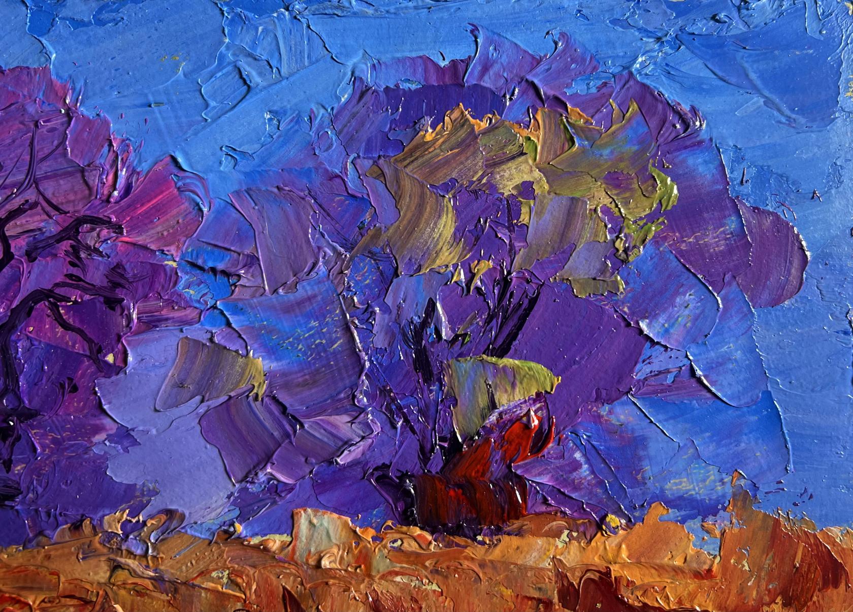 Vibrant purple blue impressionist oil painting September day in field by Boris Serdyuk