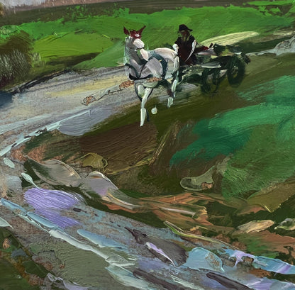 Oil painting by Yuriy Suprunchuk: white horse pulling cart in ancient city monastery landscape