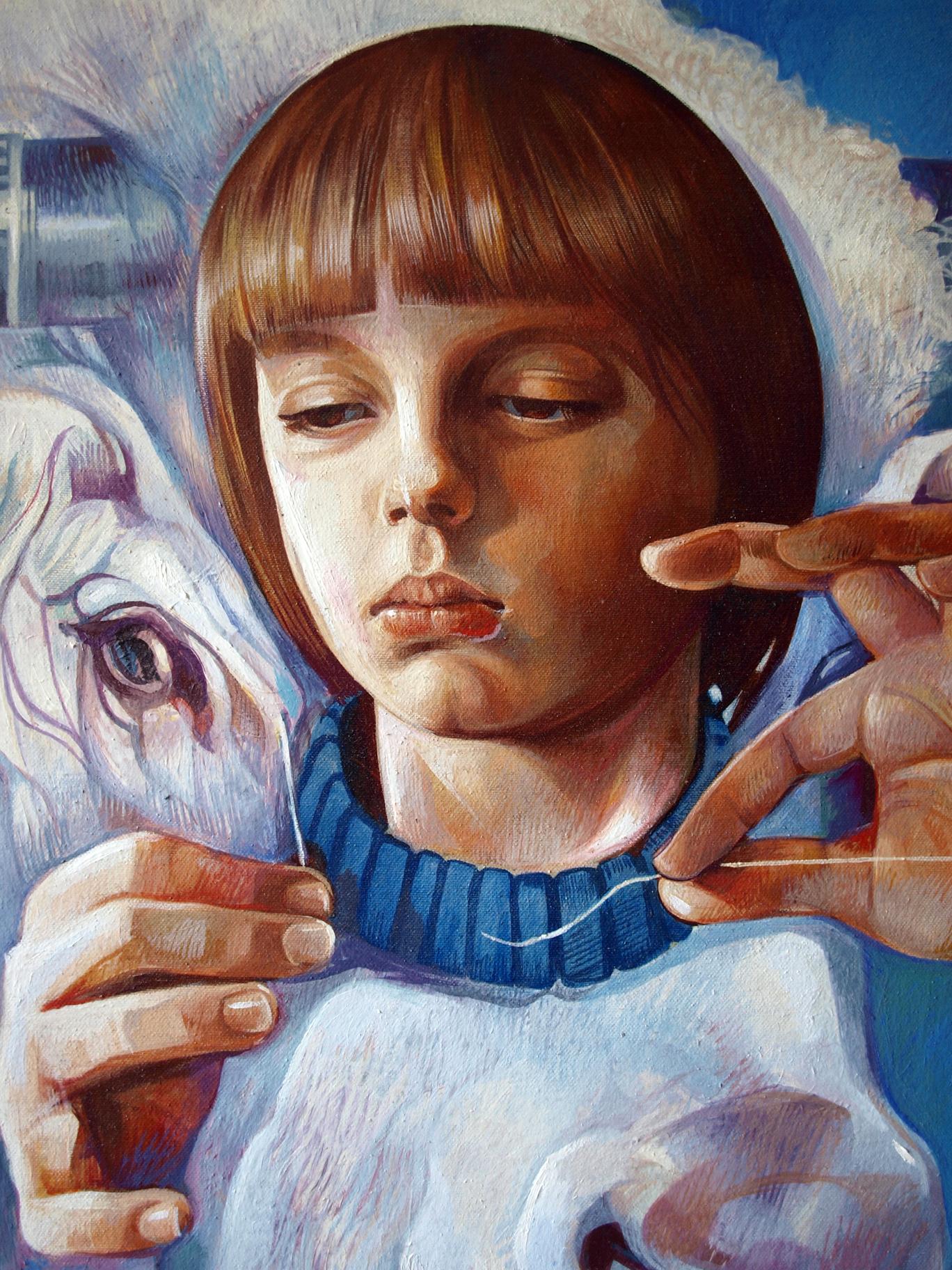 Oil painting by Dharma Konsta G. Amelinn: girl with horse holding thread