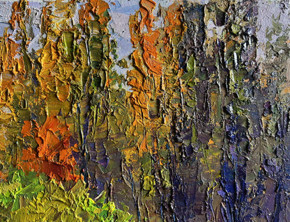 Oil painting Autumn city park by Boris Serdyuk, textured impasto in orange, green, purple