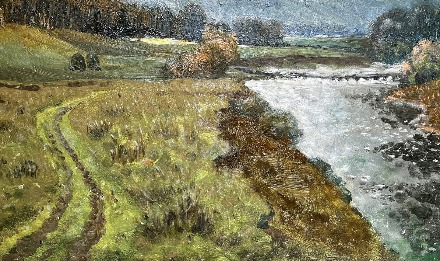 Oil painting Silence: textured river through green brown hills, overcast sky