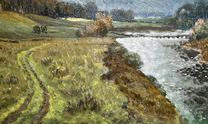 Oil painting Silence: textured river through green brown hills, overcast sky