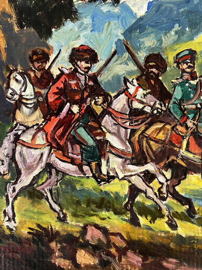Vibrant impressionist oil painting Warriors by the River by Alexander Litvinov