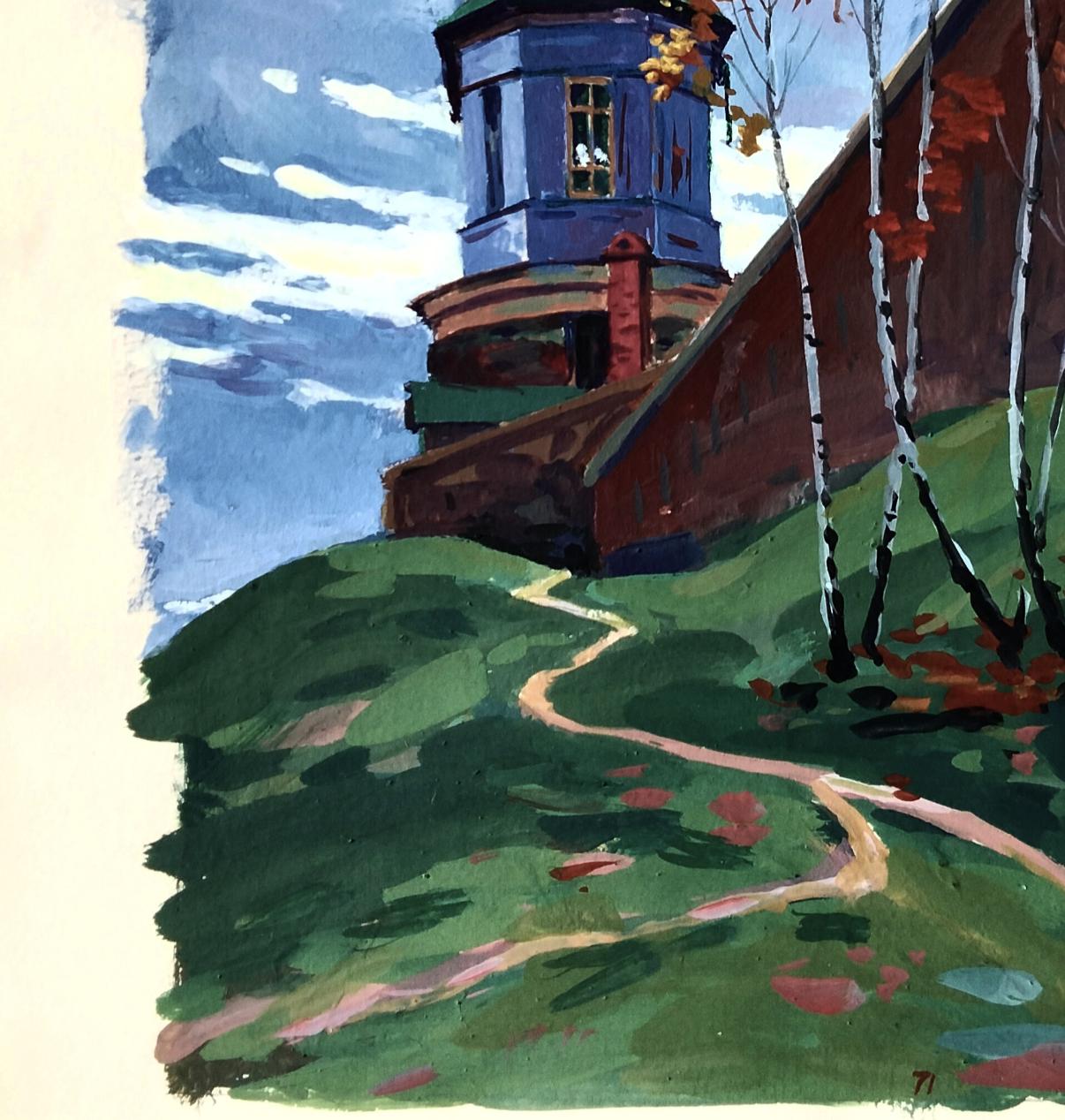 Gouache painting Silent observer of the earth by Vitaly Duhnevich: blue wooden tower