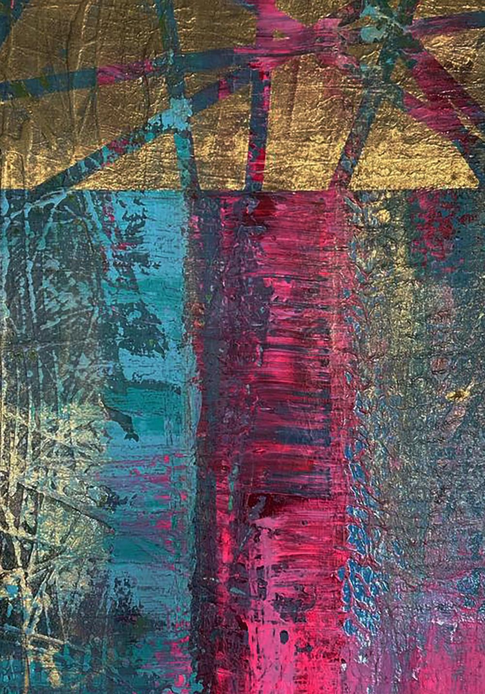 Vibrant acrylic painting Intersection of destinies by Olga Melezhik in pink teal gold