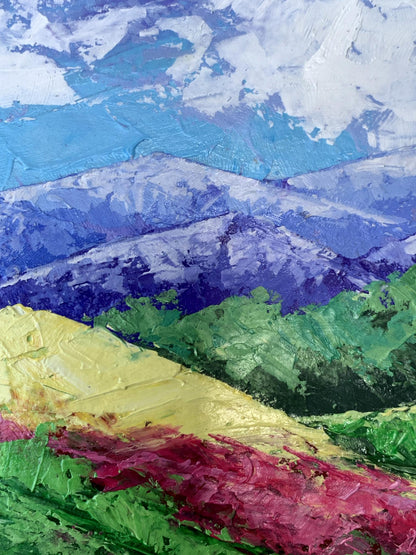 V. Zadorozhnya oil painting of blue mountains, turquoise sky, green hills, red flowers