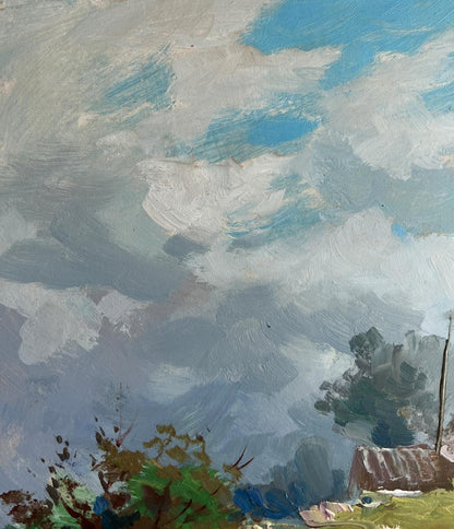 Oil painting of river carrying village dreams with cloudy sky by Yuriy Suprunchuk
