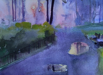 Watercolor painting Morning after rain by Boris Serdyuk, park path at dusk