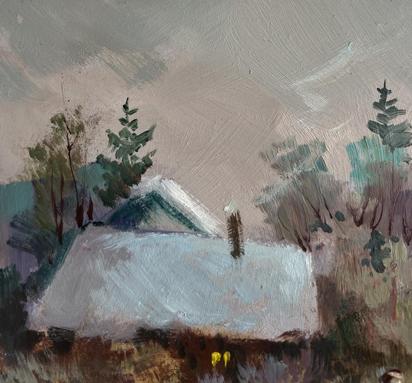 Oil painting of snow-covered house by Yuriy Suprunchuk, winter evening
