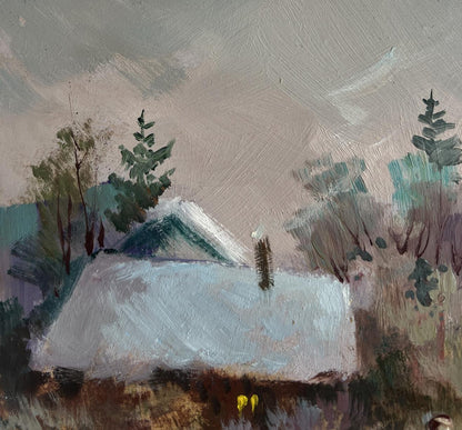 Oil painting of snow-covered house by Yuriy Suprunchuk, winter evening