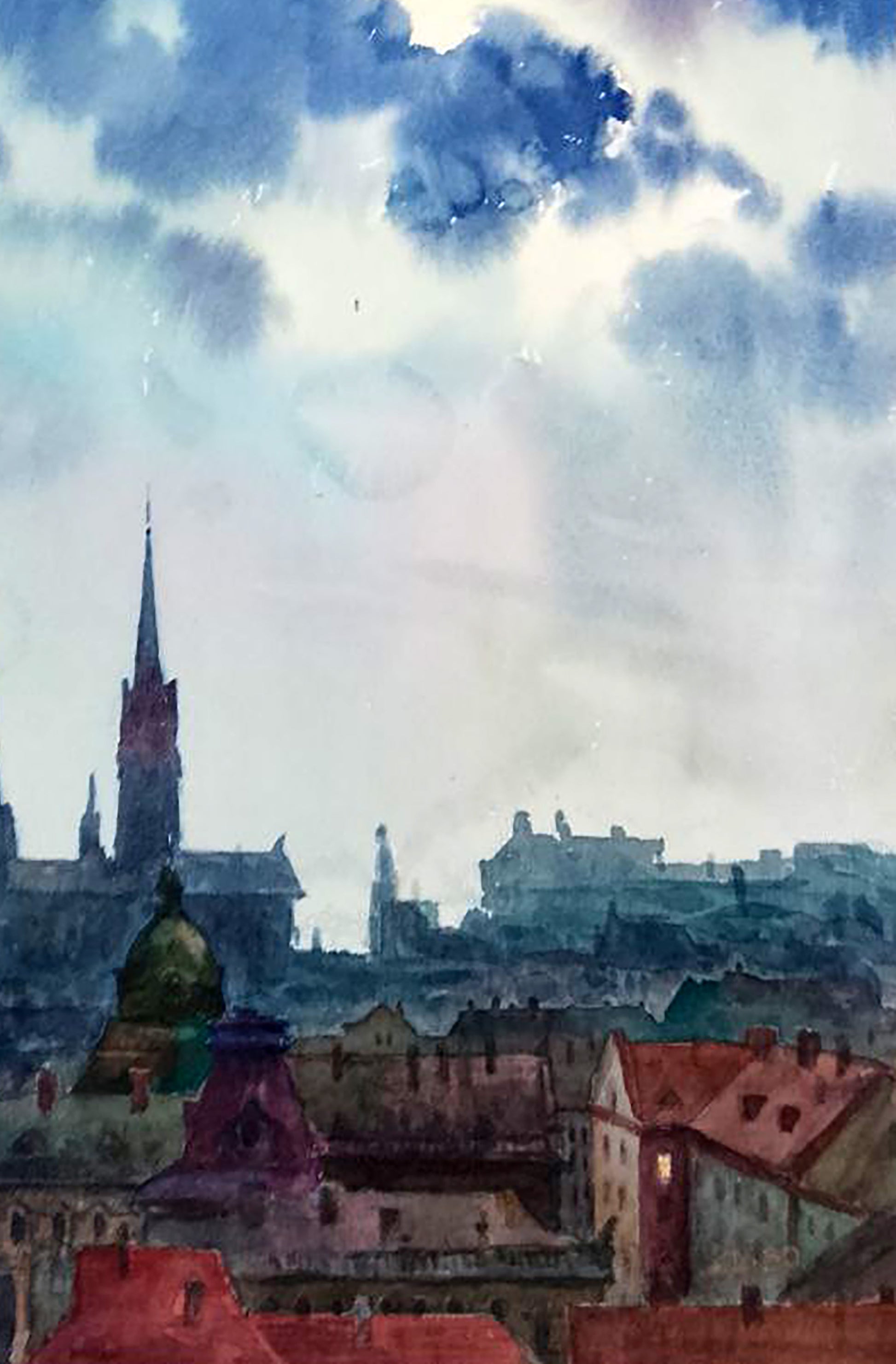 Watercolor city street views by Vitaly Duhnevich, red roofs and spire