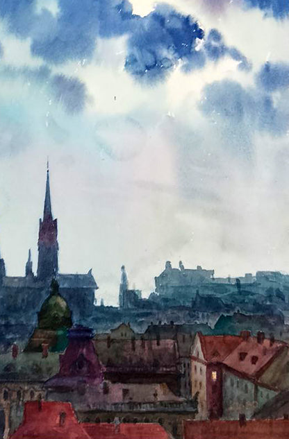 Watercolor city street views by Vitaly Duhnevich, red roofs and spire