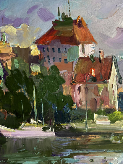 Vibrant impressionist oil painting of Houses by the River by Yuriy Suprunchuk