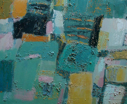 Oil painting Autumn fields by Tatyana Shulyak in teal, yellow, black, pink